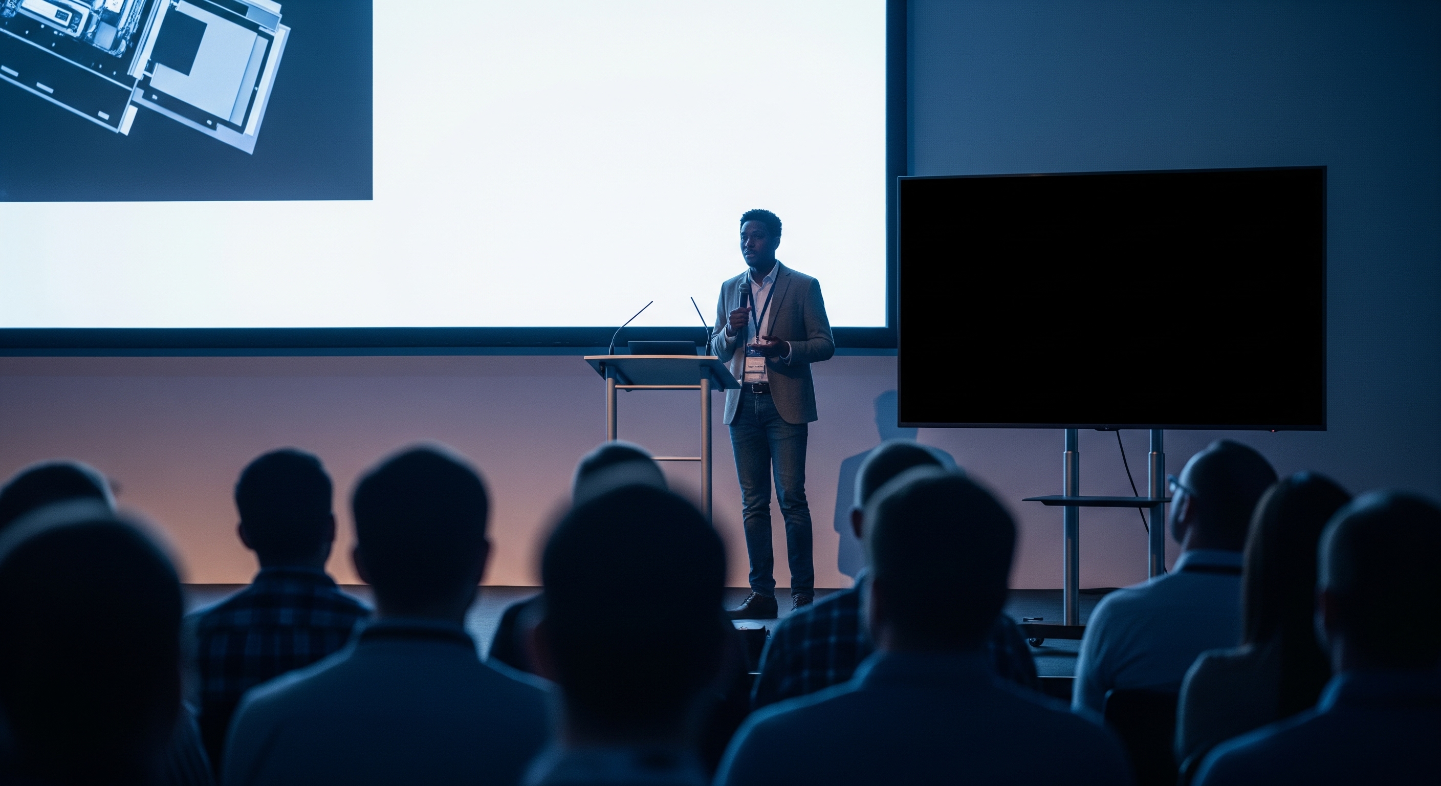 Professional conference with live transcription by Oratio - speaker presenting to audience with transcription displayed on screen